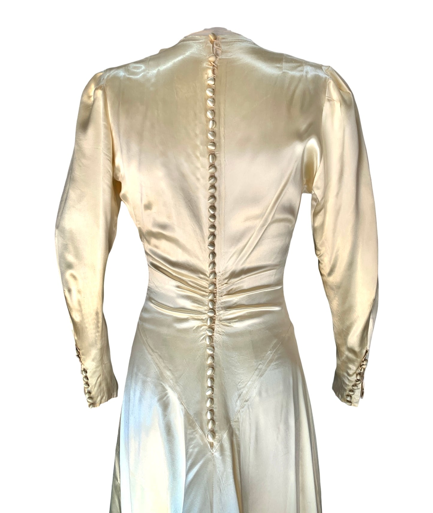 1930-40s Cream Bias-Cut Satin Wedding Gown with Cathedral train, Swan neckline, Ruched Center & Covered buttons at Sleeves & Back