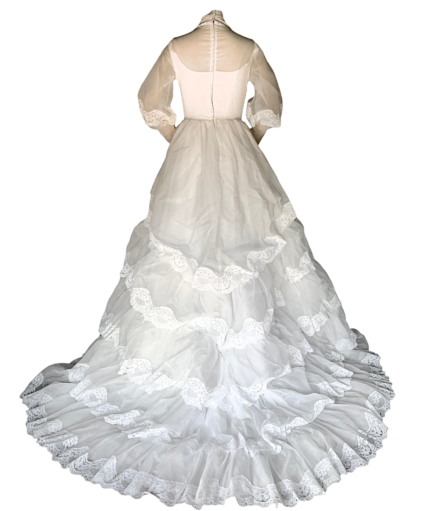 1981 Tiered Lace & Organza A-line Wedding Gown with Demi-Gigot Sleeve & Cathedral Train