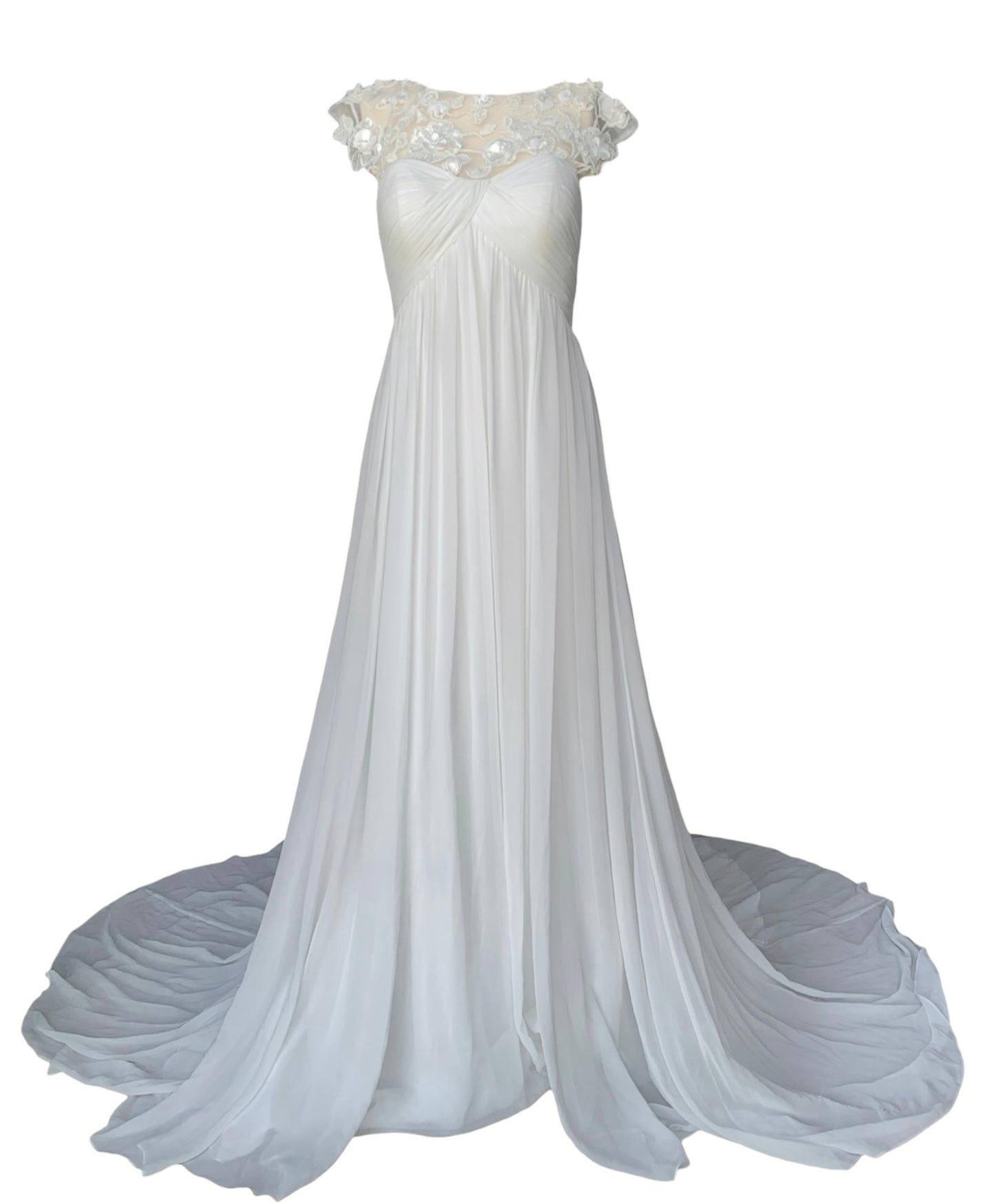 Classic Empire Waist Column Wedding Gown with Illusion Lace Shoulders & Chapel Train