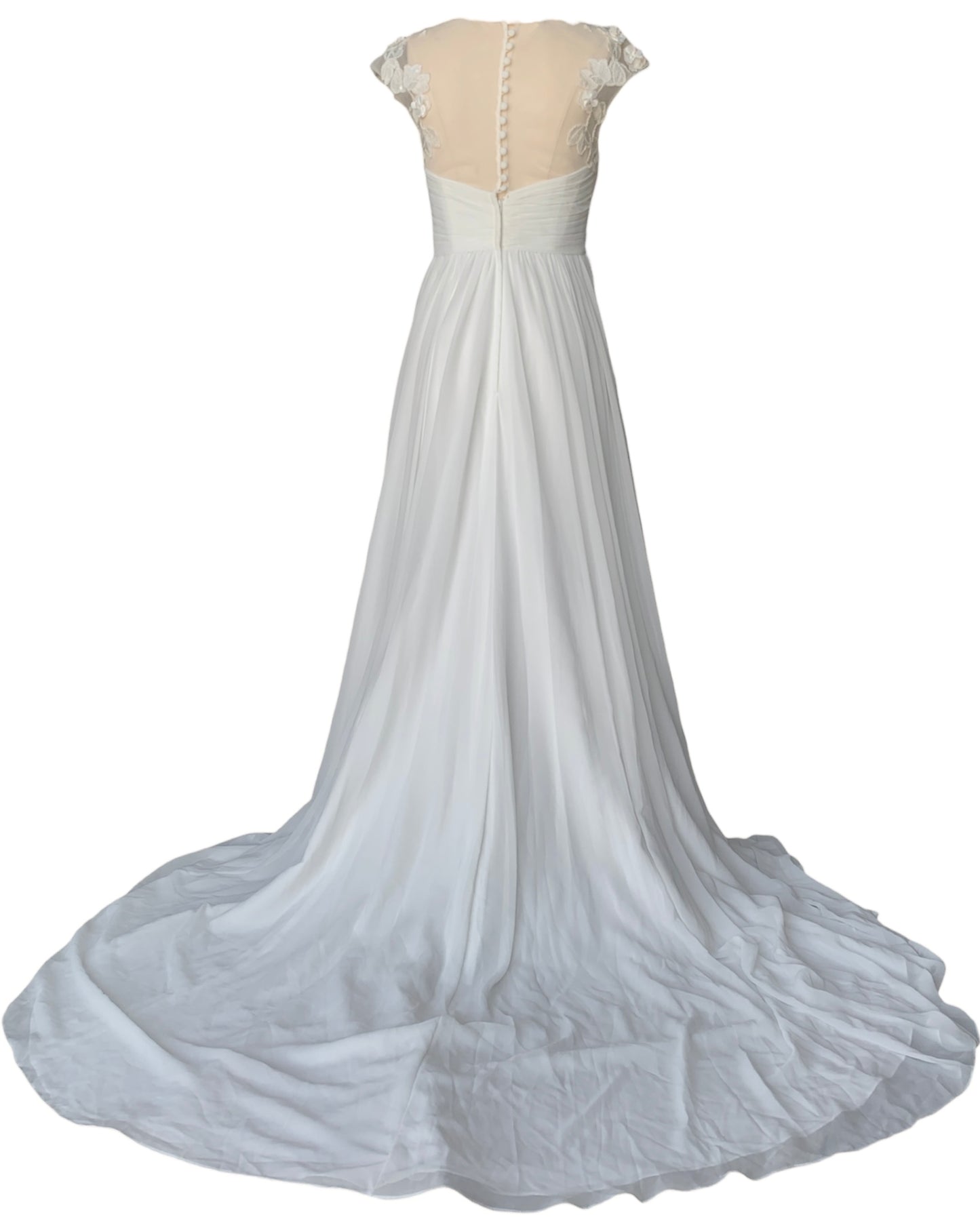 Classic Empire Waist Column Wedding Gown with Illusion Lace Shoulders & Chapel Train