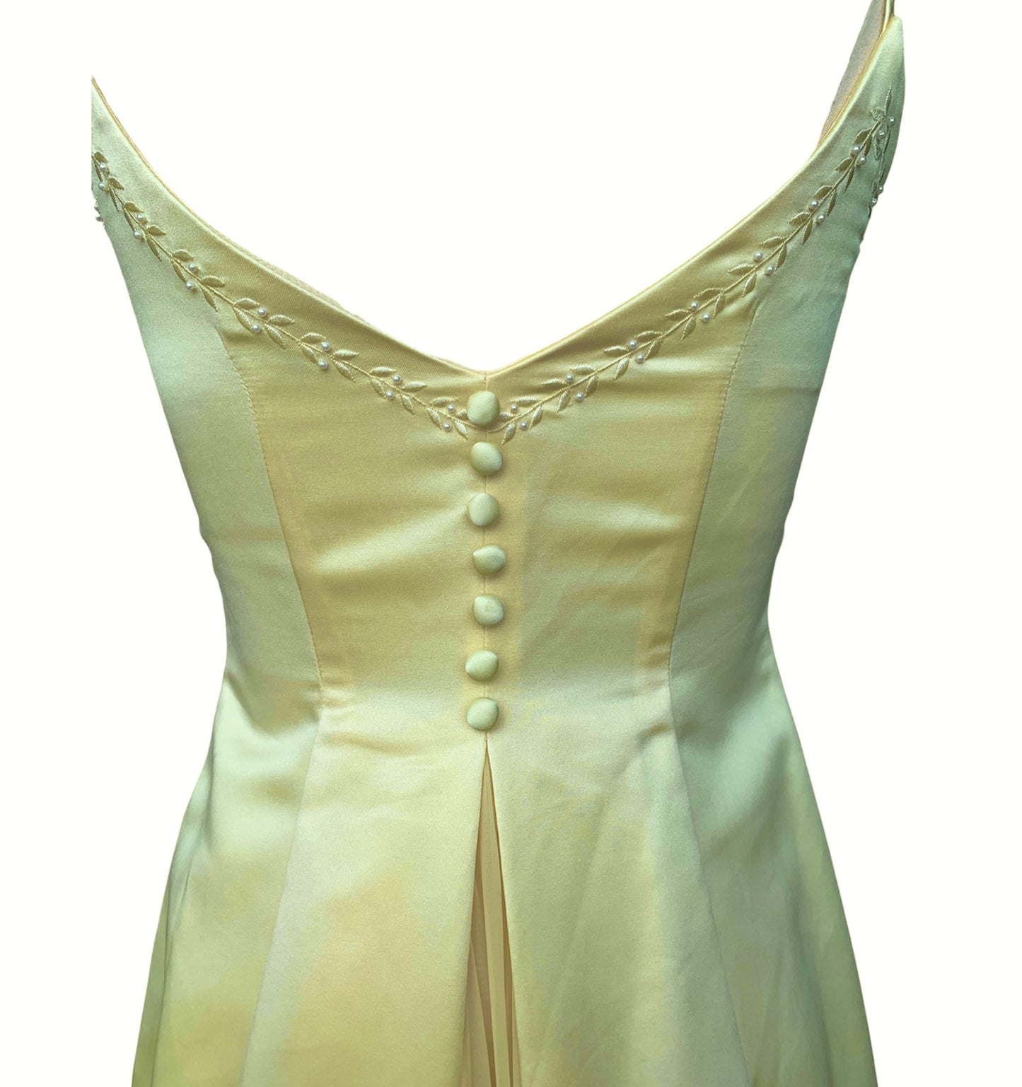 Lemon satin spaghetti strap gown wiht pearl and leaf embroidered bodice border