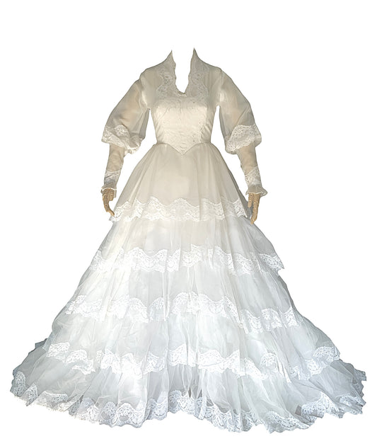 1981 Tiered Lace & Organza A-line Wedding Gown with Demi-Gigot Sleeve & Cathedral Train