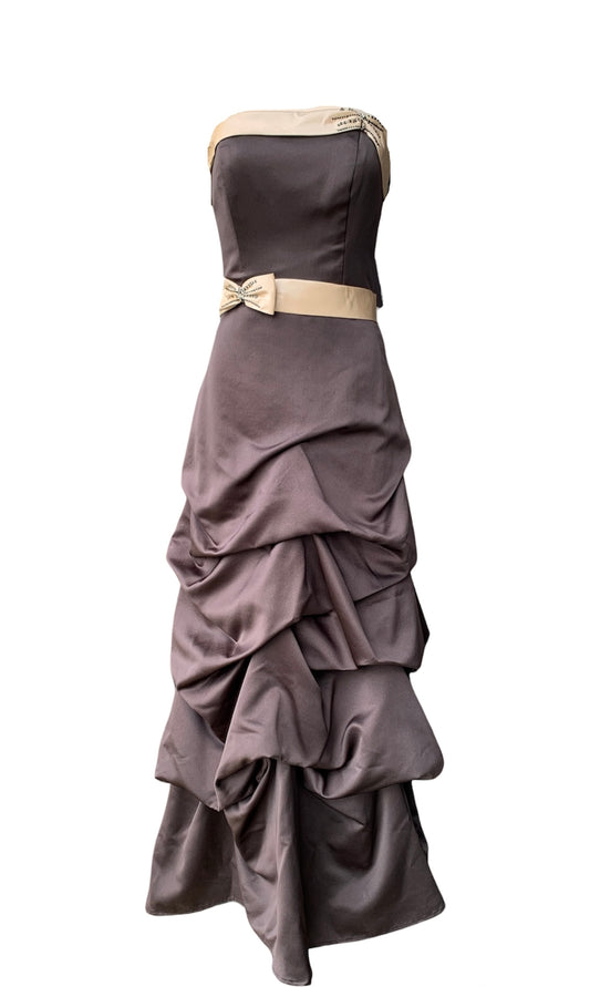 Chocolate brown puff-ruched strapless gown with cafe-au-latte bodice cuff, waistband, & corset-lacing