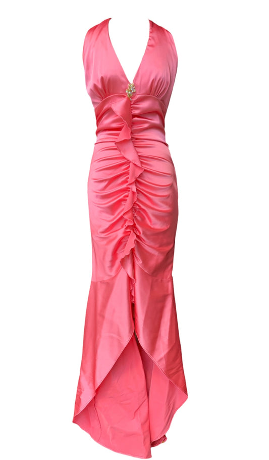 Coral pink ruched satin halter-neck mermaid gown with gem bust accent