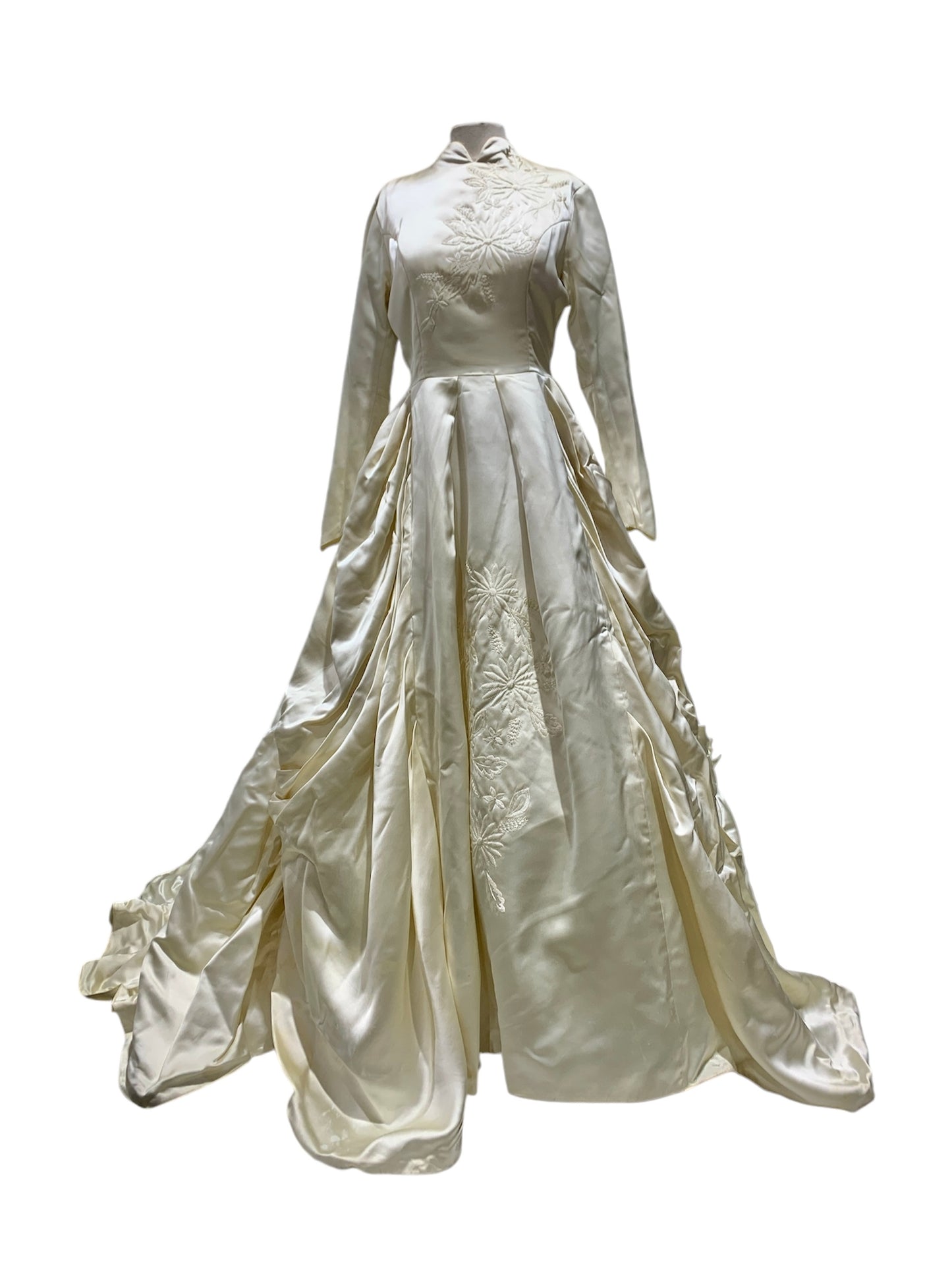 1961 Ivory Satin Long-Sleeved Gown with Draped Sides, Swan-neck Collar, and Flower Accents