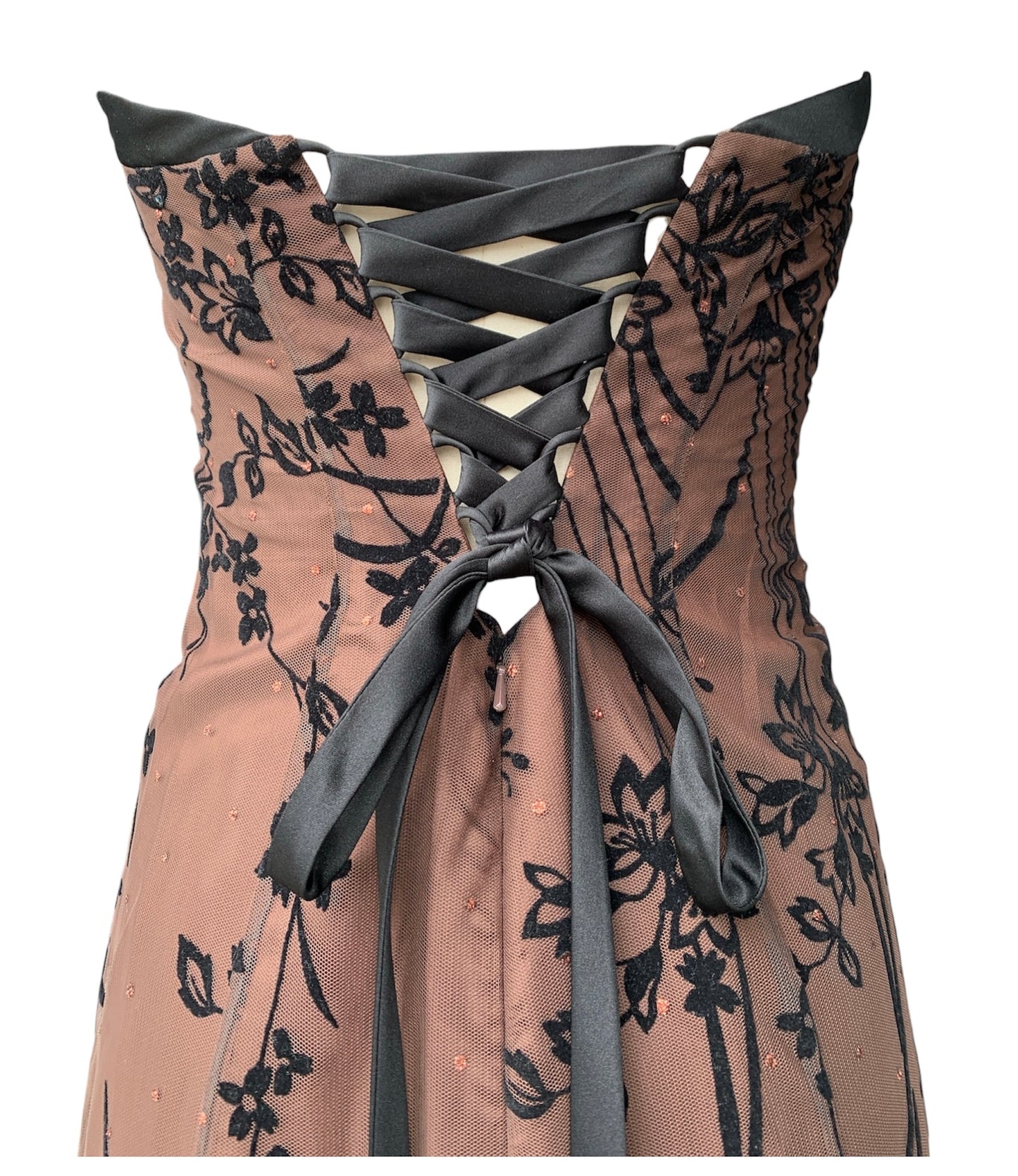 Bronze strapless gown with black accents, flocked floral overlay & corset-lace back