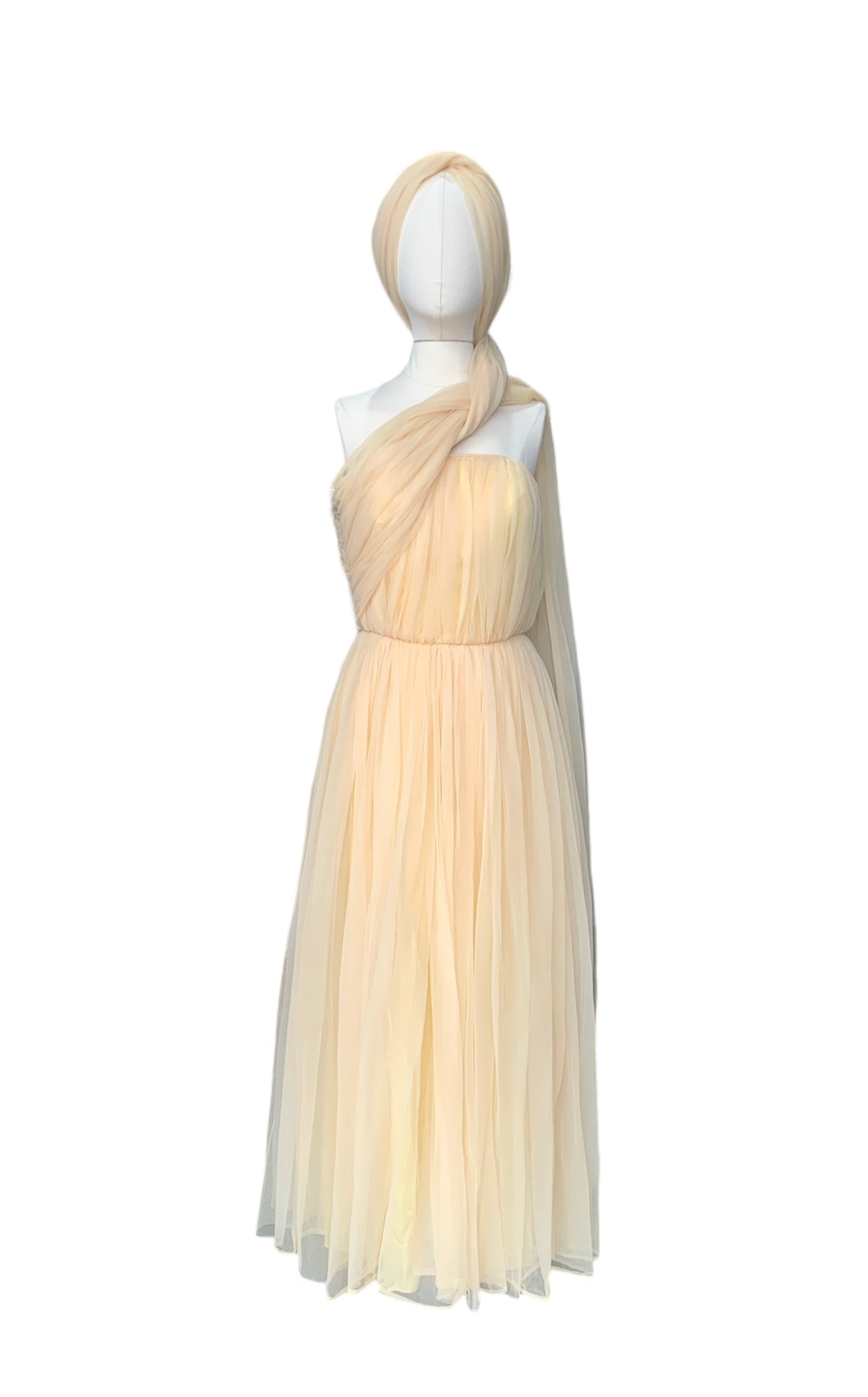 Buttermilk Grecian strapless gown with cascade