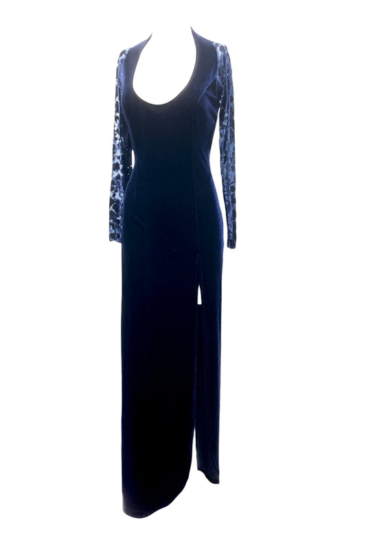 Midnight blue velvet body-con dress with burn-out shoulders