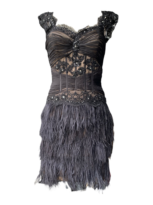 Black sheer silk & ostrich feather cocktail dress