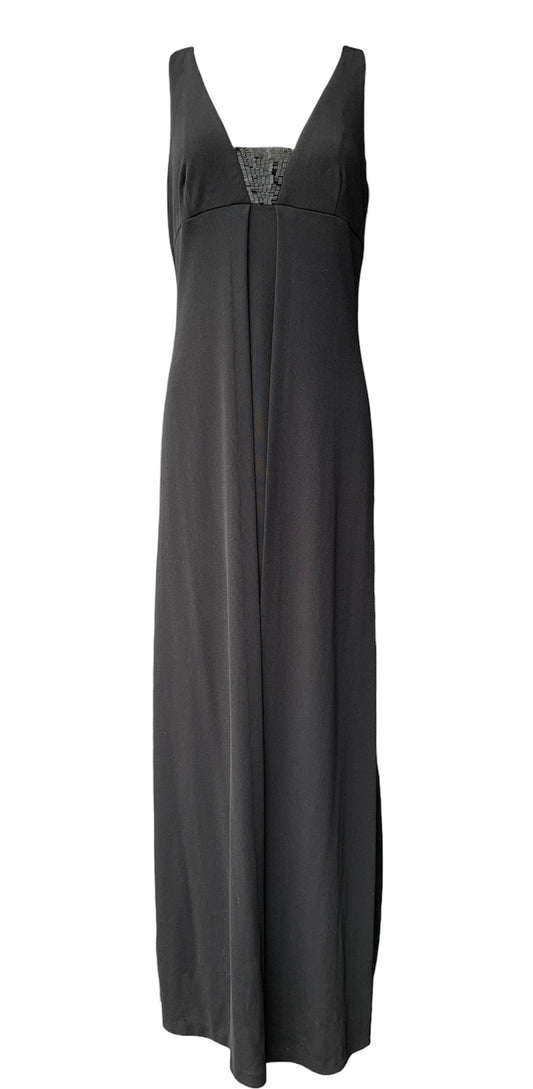 Black knit empire waist sleeveless gown with beaded modesty panel