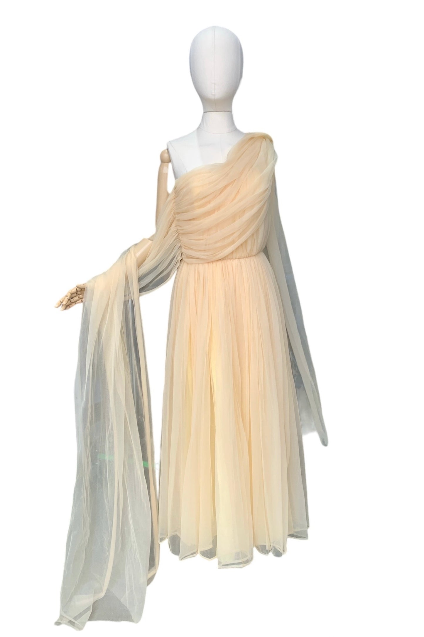 Buttermilk Grecian strapless gown with cascade