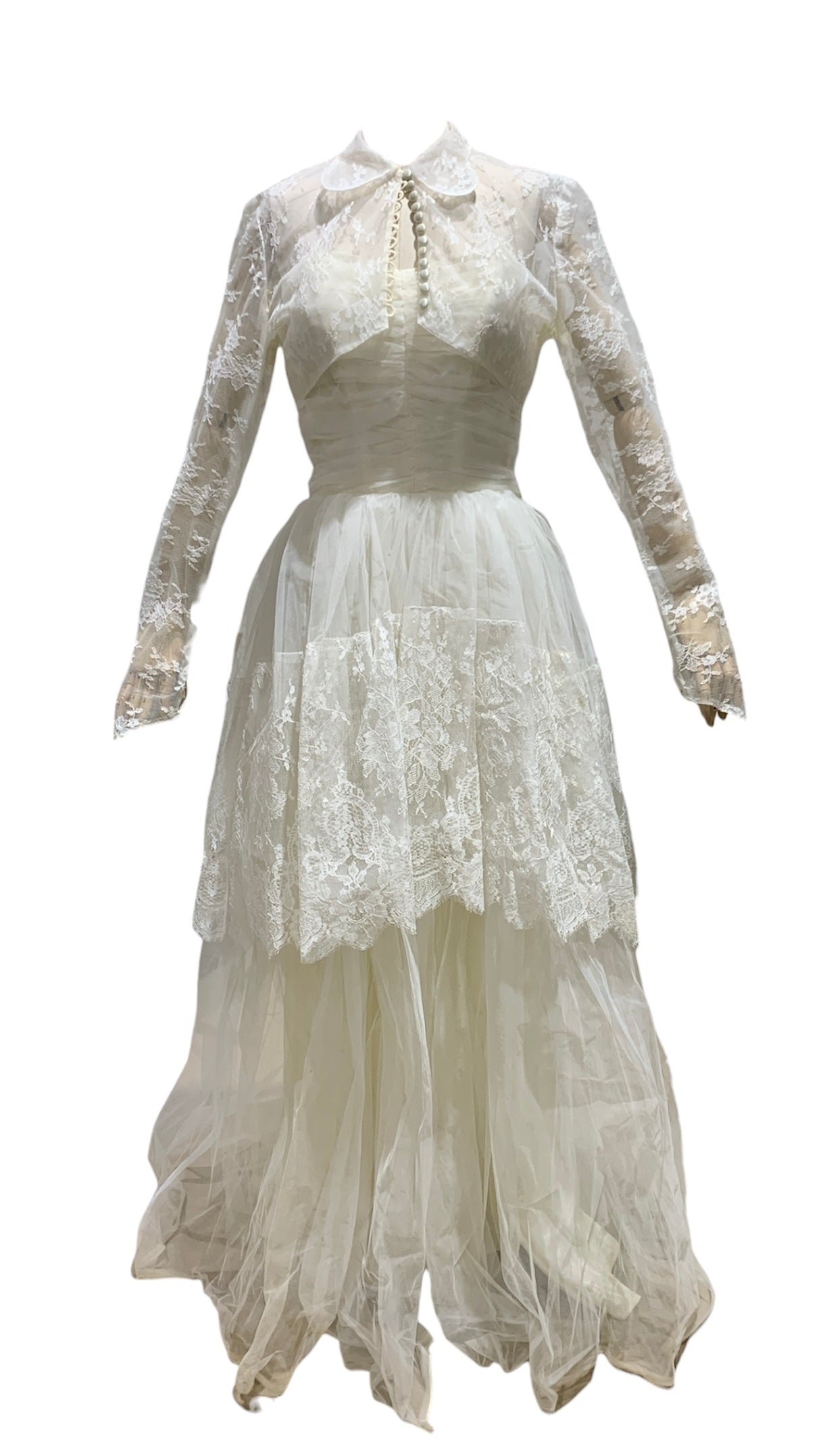 1940s-50s Chantilly Lace Teired Wedding Gown with Ruched Bodice & Matching Jacket