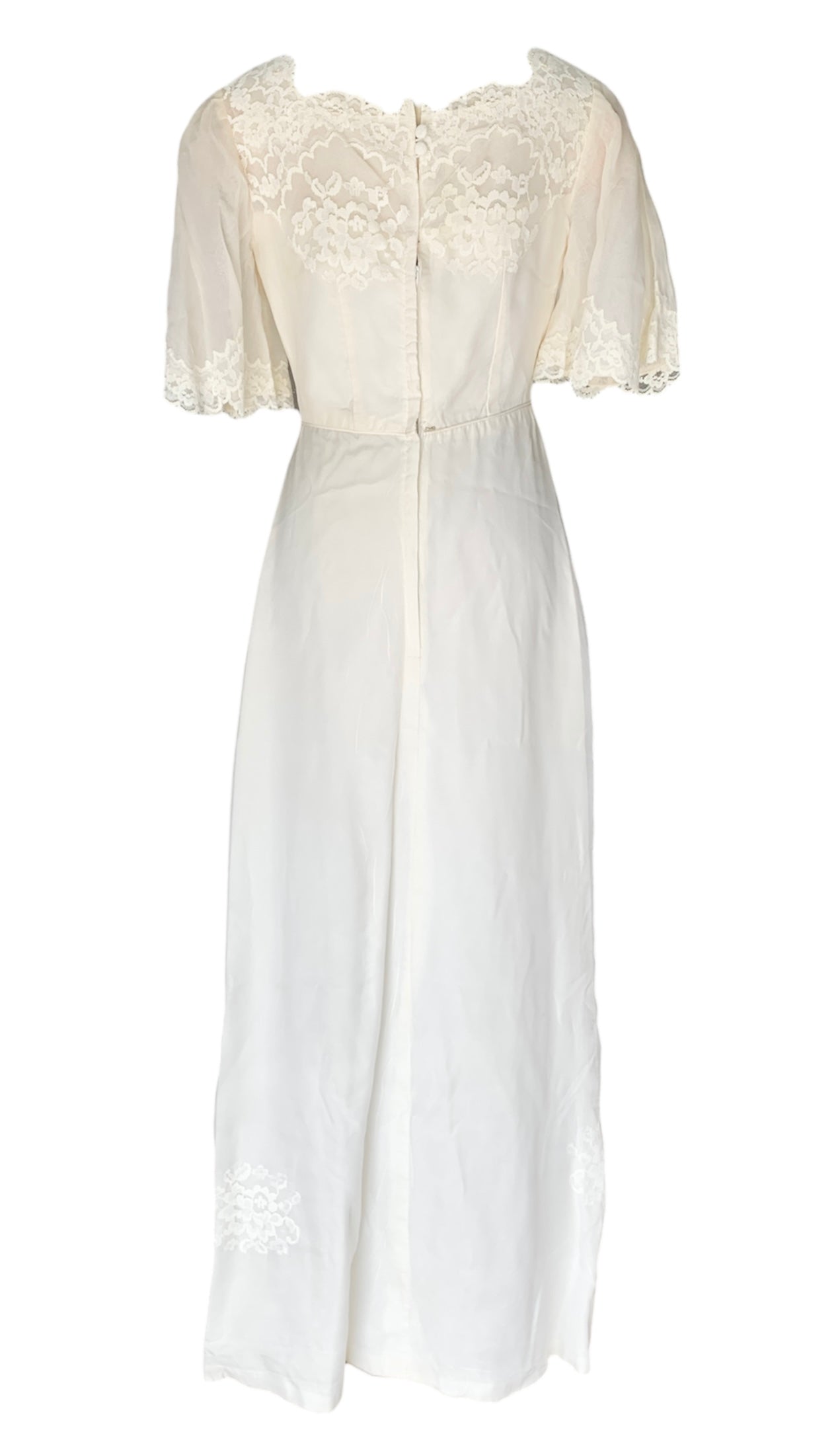 1940s Ivory Empire-Waist Sheath Wedding Dress with Lace Trimmed Square Neckline & Short Sleeves