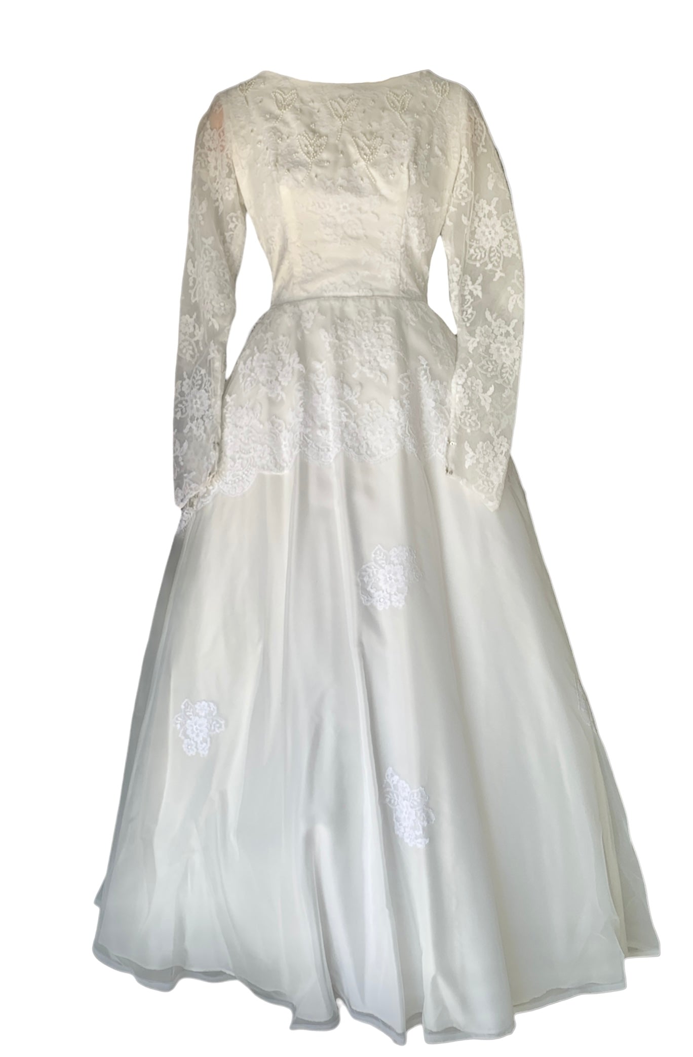 1958 Chantilly style Lace & Organdza A-line Wedding Gown with sweep train