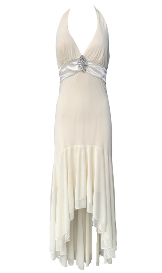 Ivory mesh halter dress with asymetrical fish-tail skirt & satin under-bust band