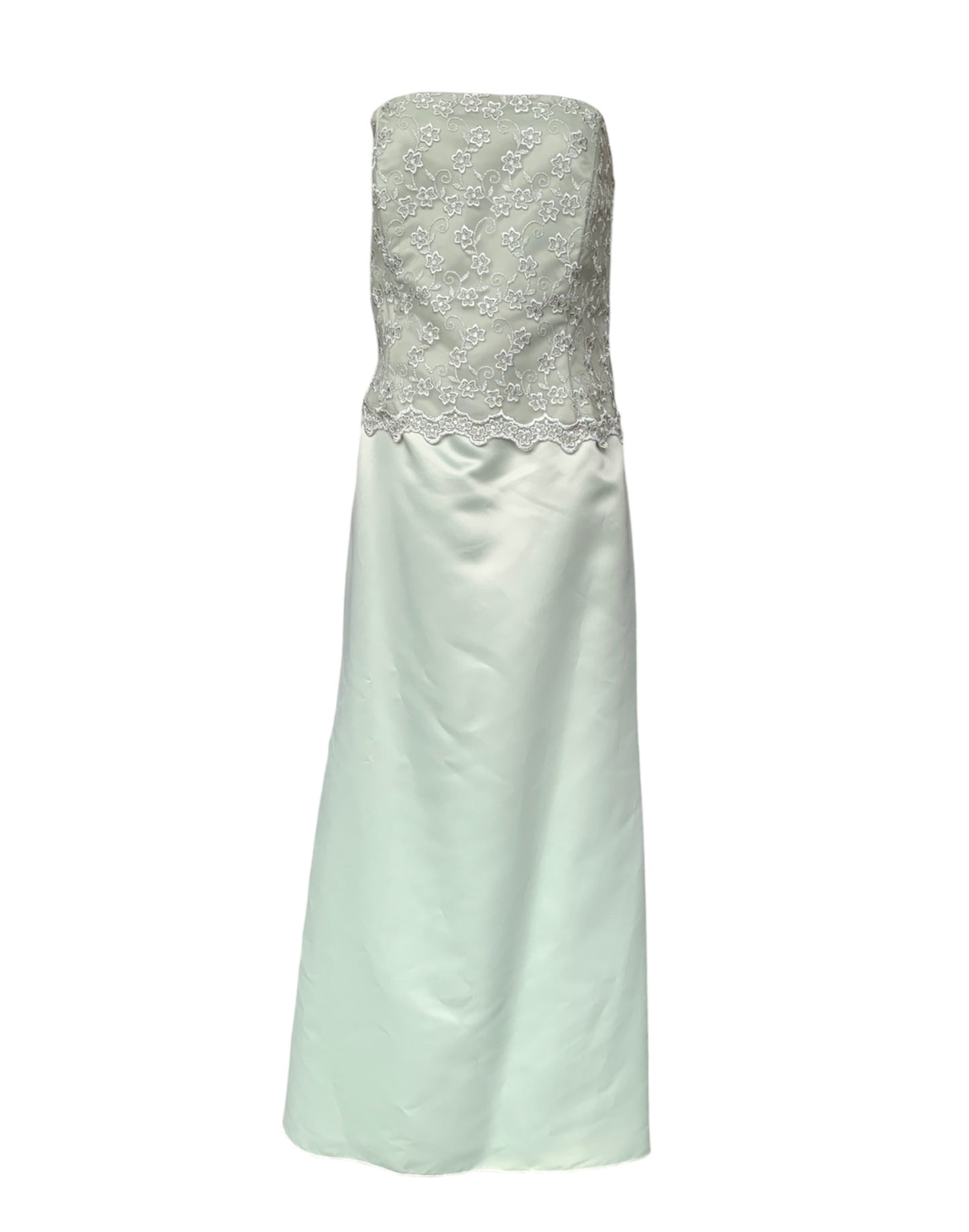 Pea green satin gown with lace overlay & bolero