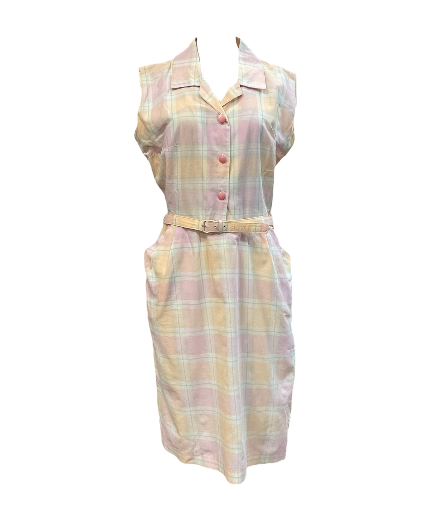 Ladies Pale Peach/Pink Plaid Cotton Sleeveless Dress