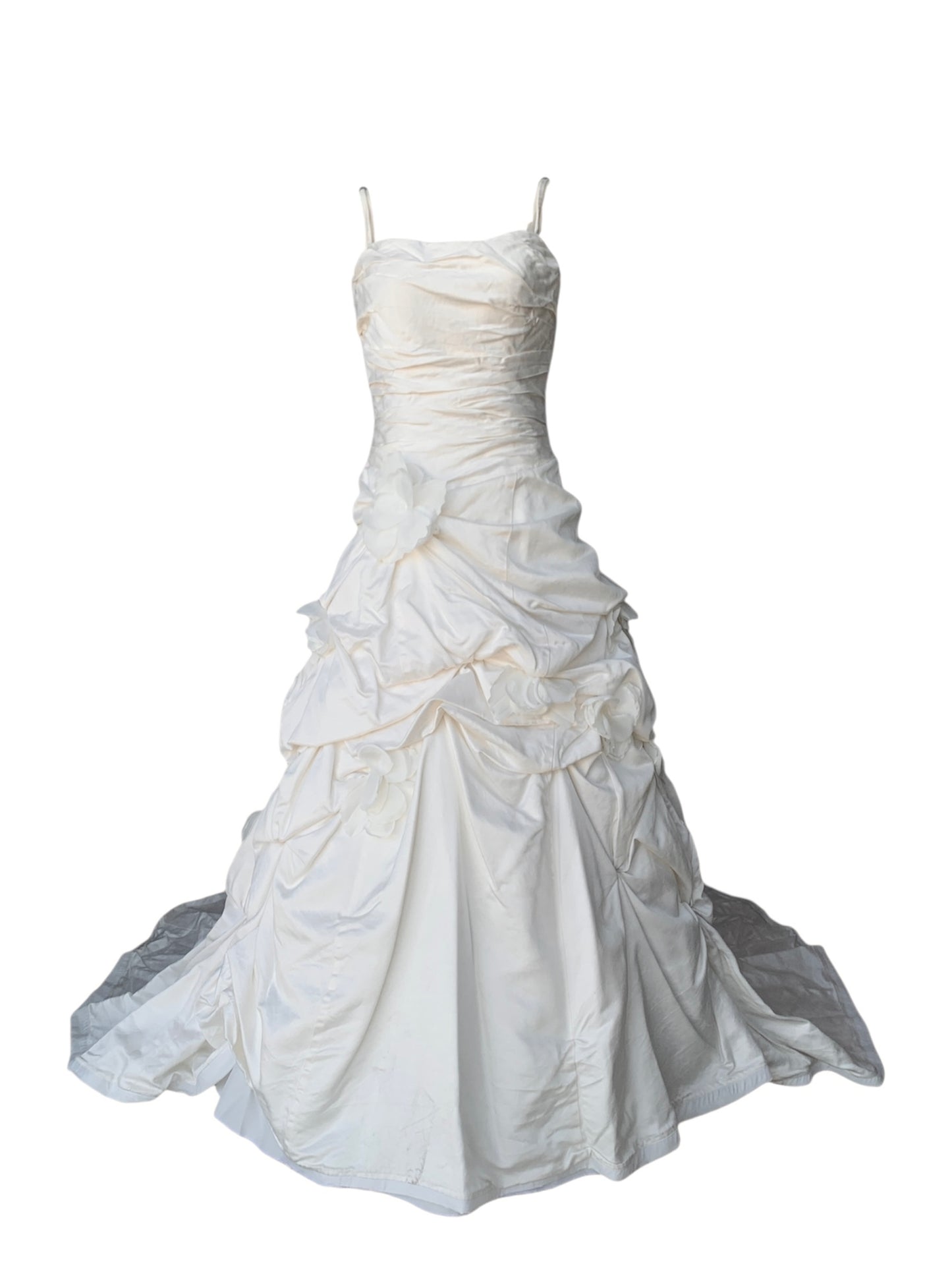 Laundered Satin Ruched Fit-and-Flare Gown with Bunched Skirt and Fabric Peony Accents