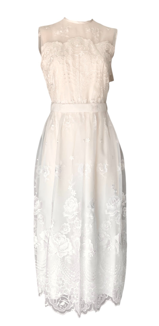 Ivory Floral Embroidered Organza Sleeveless Tea-length Column Dress